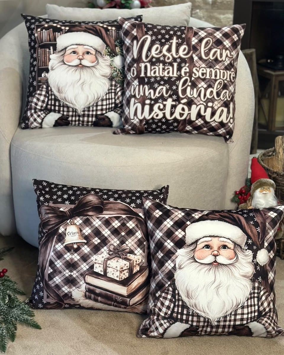 Almofadas Papai Noel xadrez marrom