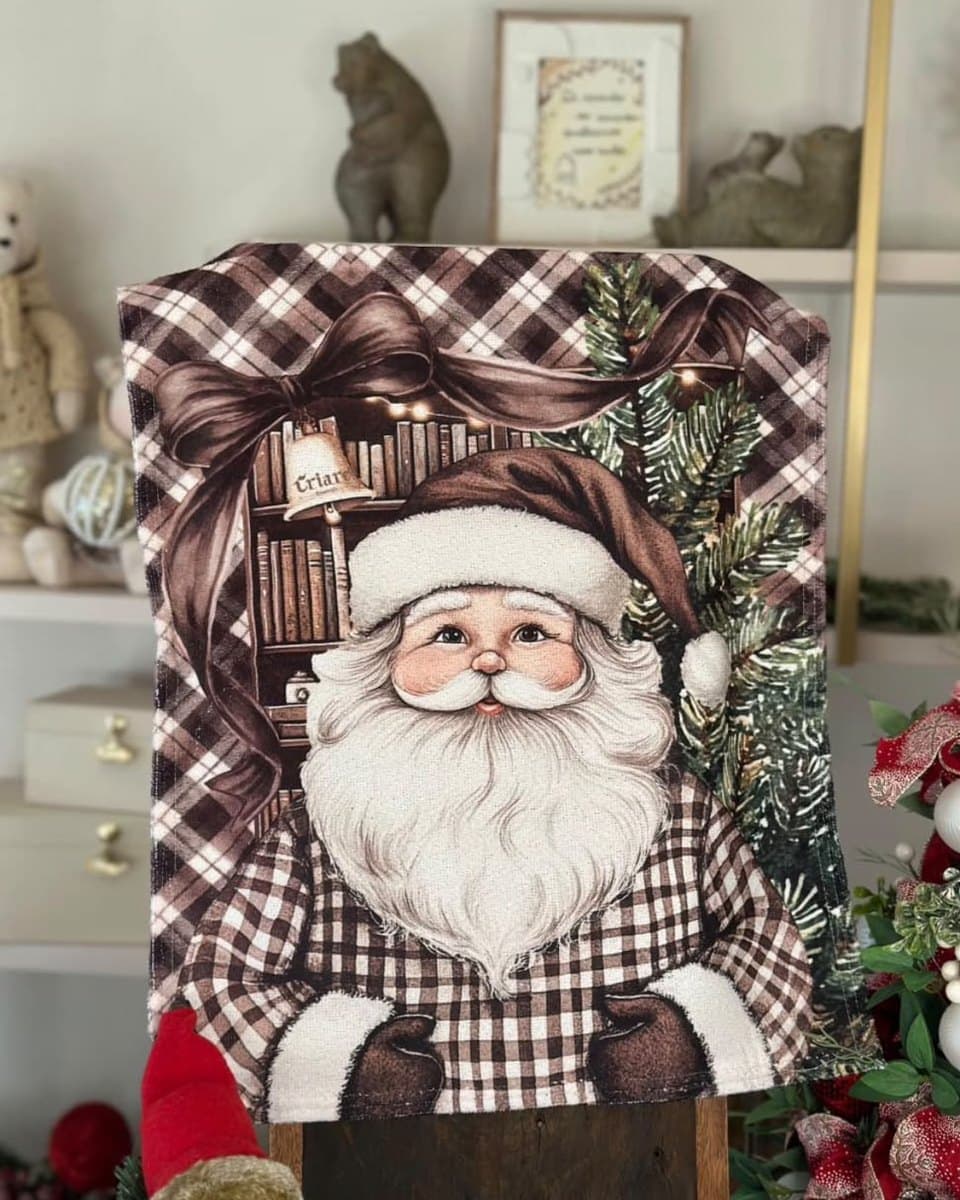 Pano de prato Papai Noel xadrez marrom