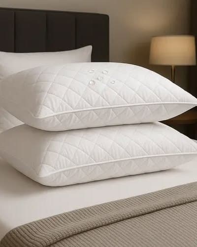 Travesseiros brancos matelassados, empilhados na cama